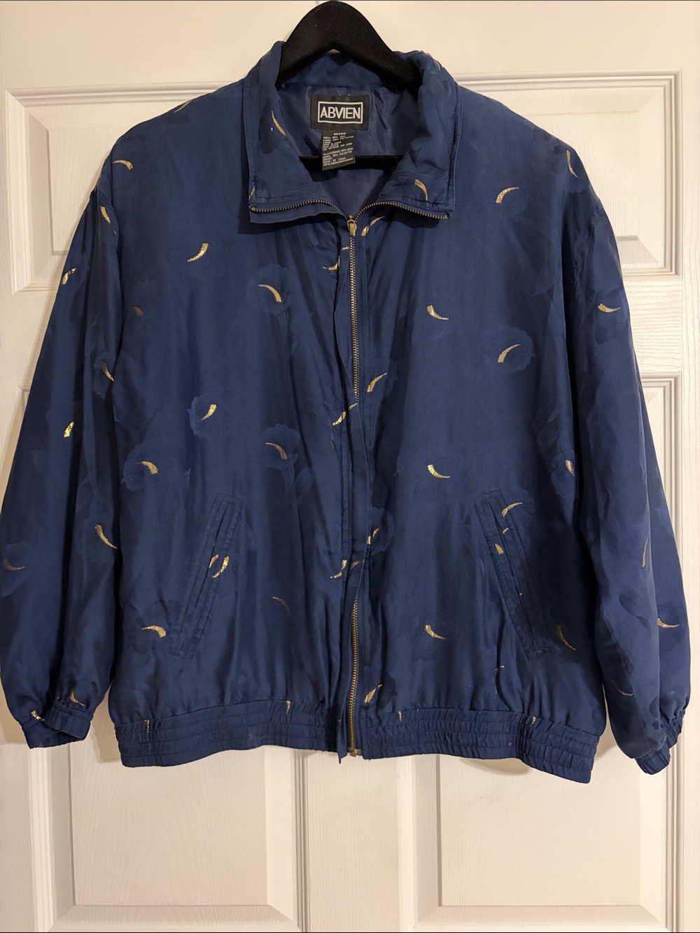 Vintage Abvien 100% Silk Bomber Jacket - Gold Leaf Embroidery - Navy - Large
